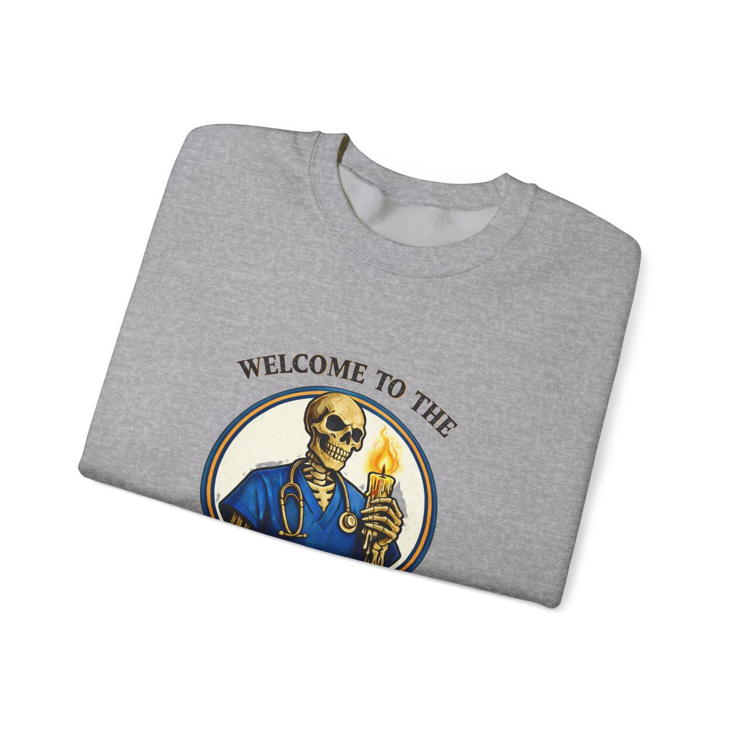 Health Hole Crewneck Sweatshirt — 'Welcome to the Health Hole' Skeleton Doctor Graphic
