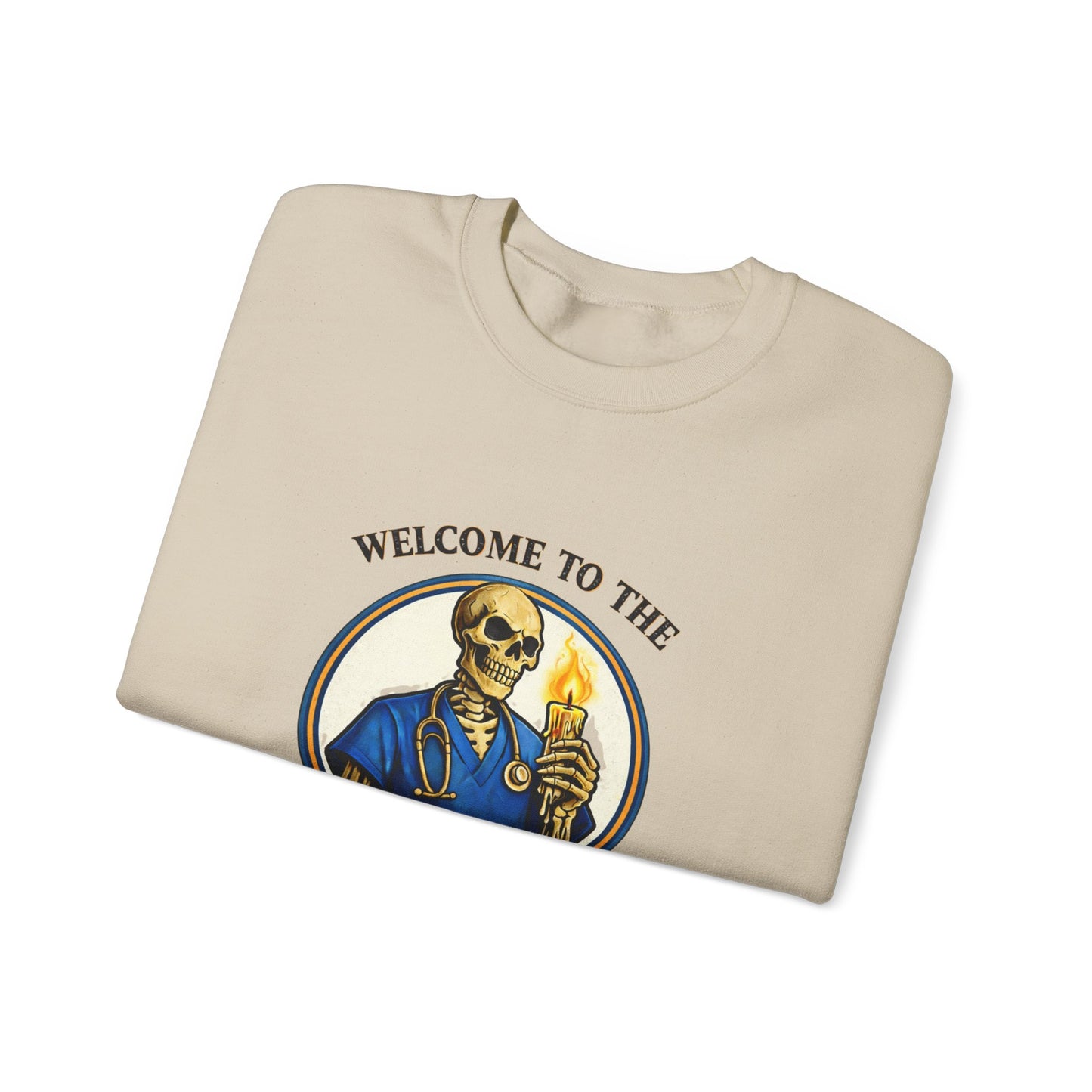 Health Hole Crewneck Sweatshirt — 'Welcome to the Health Hole' Skeleton Doctor Graphic