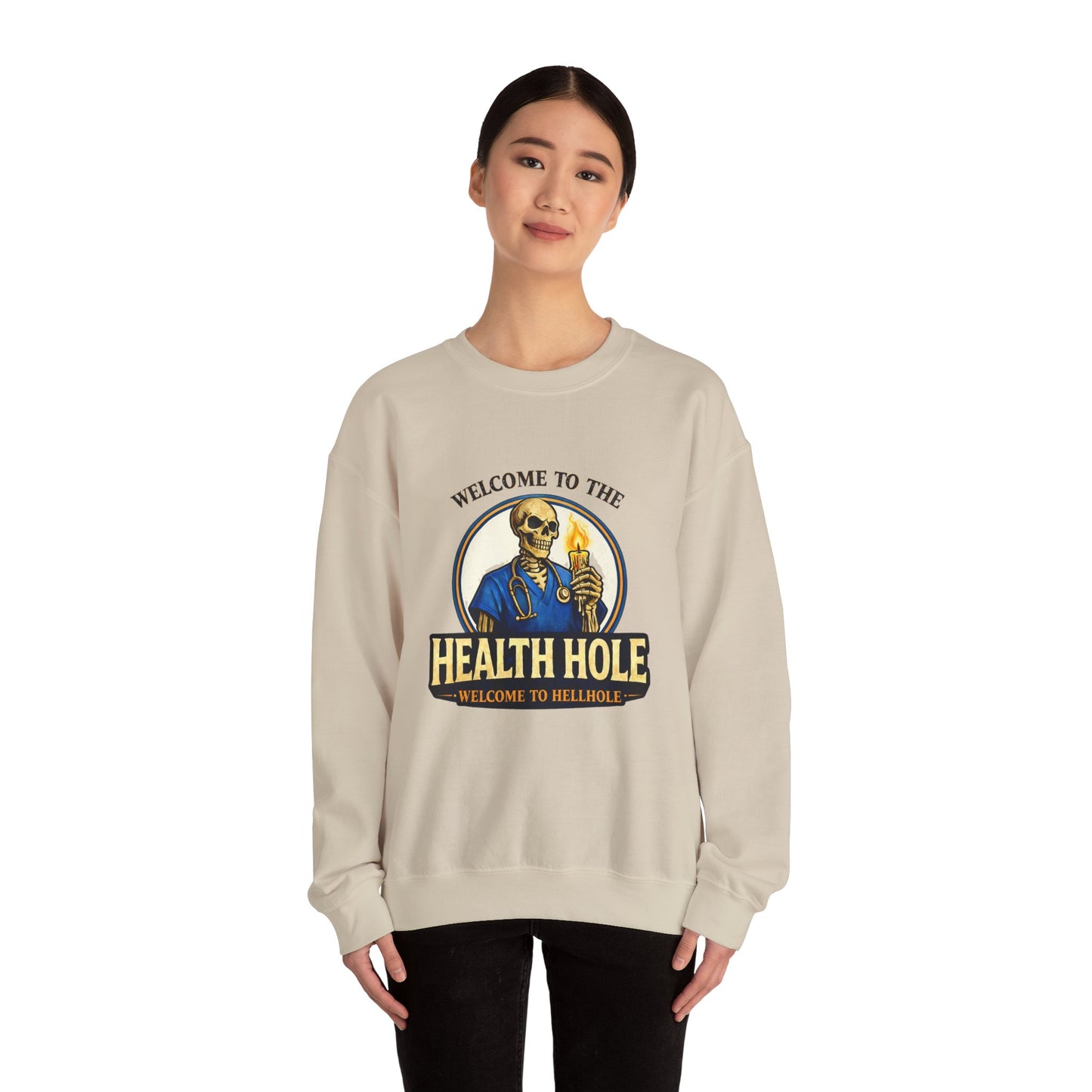 Health Hole Crewneck Sweatshirt — 'Welcome to the Health Hole' Skeleton Doctor Graphic