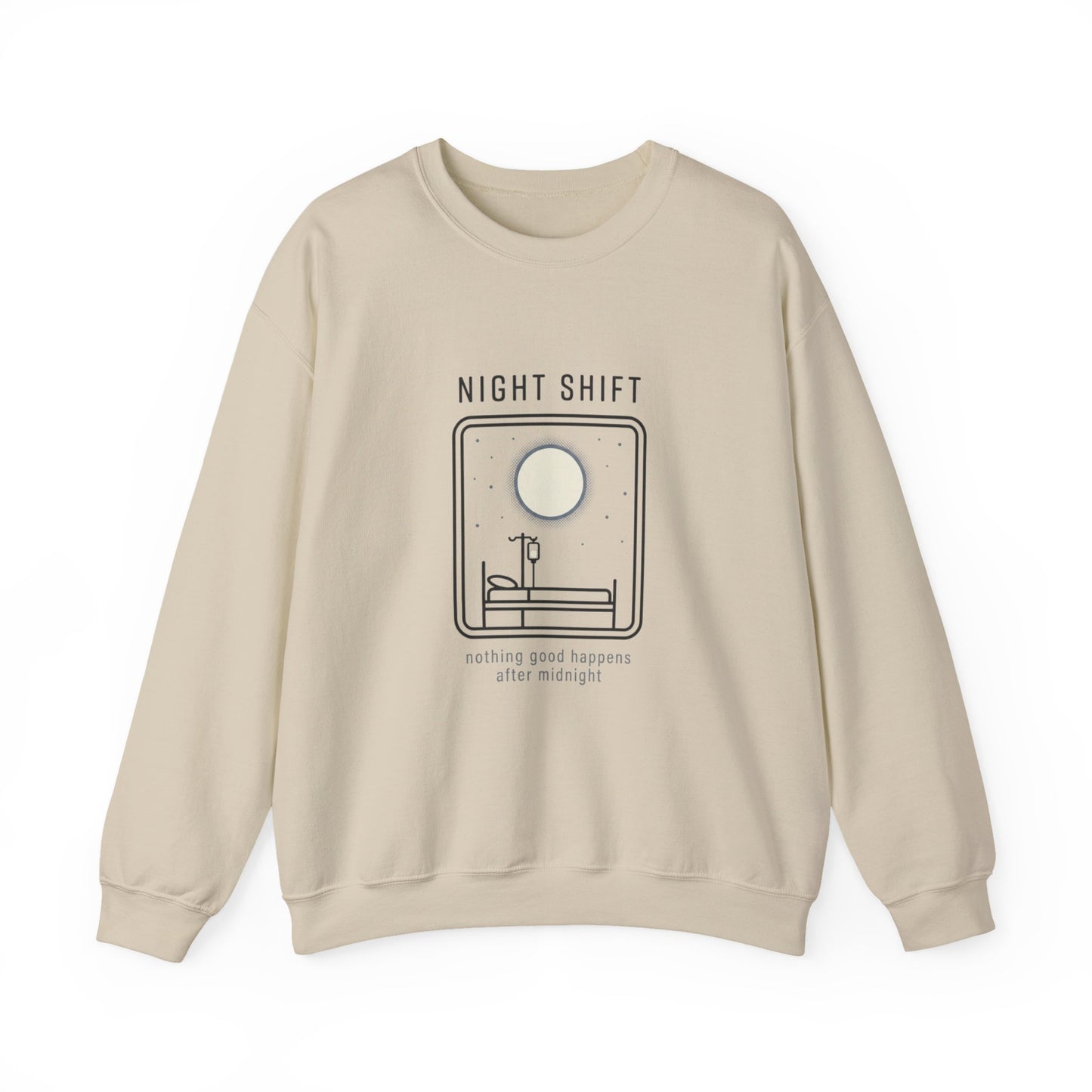 Night Shift Crewneck Sweatshirt – Minimal Moonlit 'Nothing Good Happens After Midnight' Design