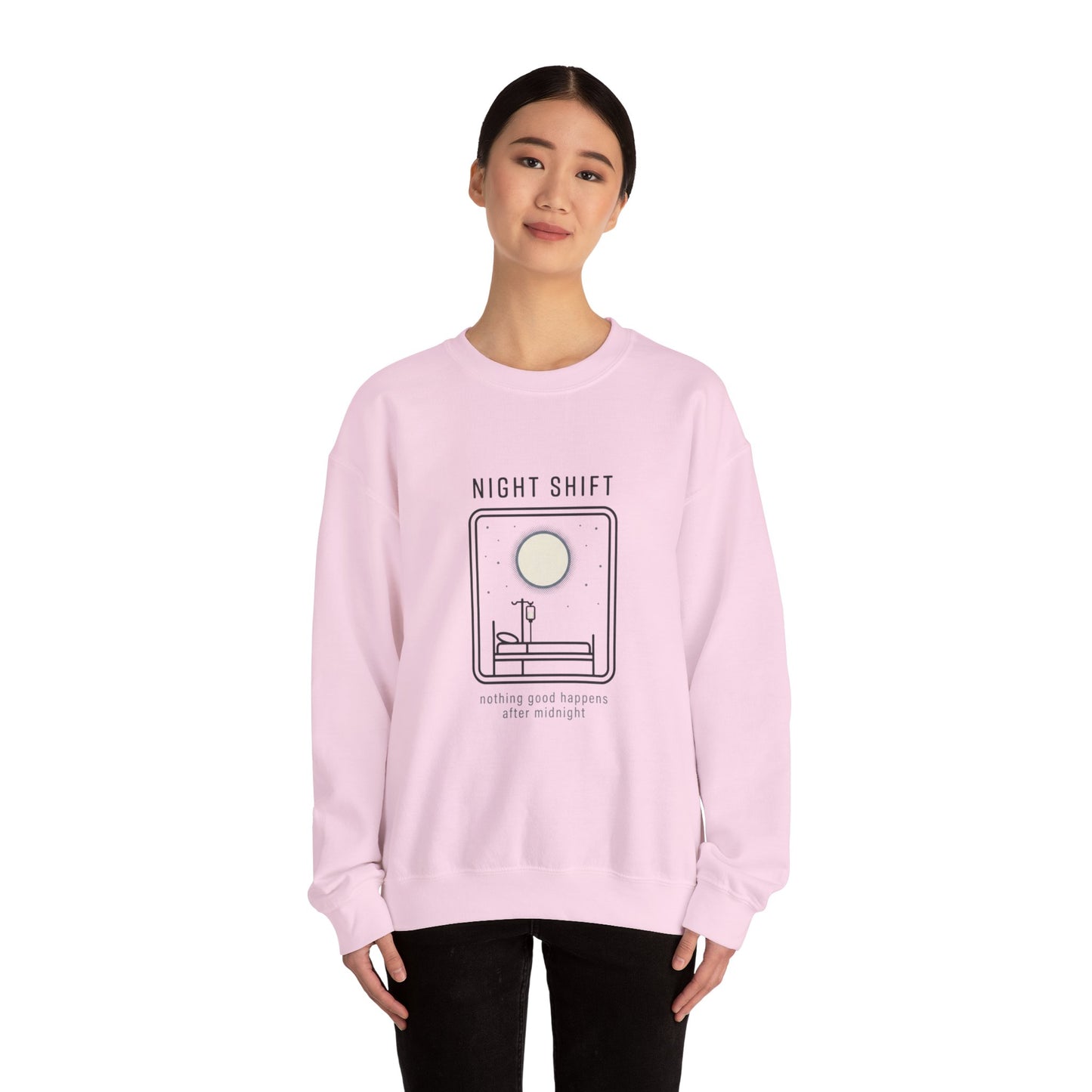 Night Shift Crewneck Sweatshirt – Minimal Moonlit 'Nothing Good Happens After Midnight' Design