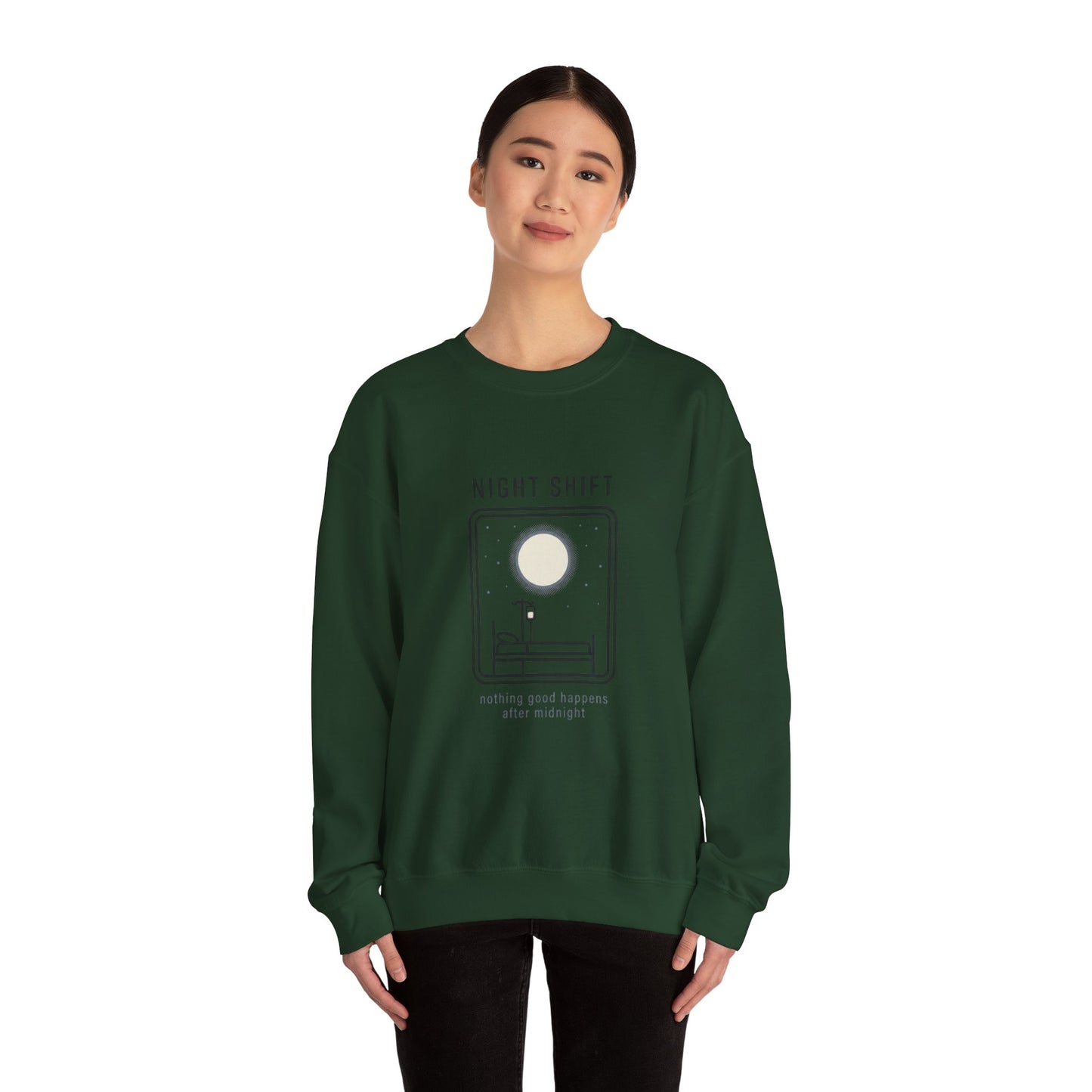 Night Shift Crewneck Sweatshirt – Minimal Moonlit 'Nothing Good Happens After Midnight' Design