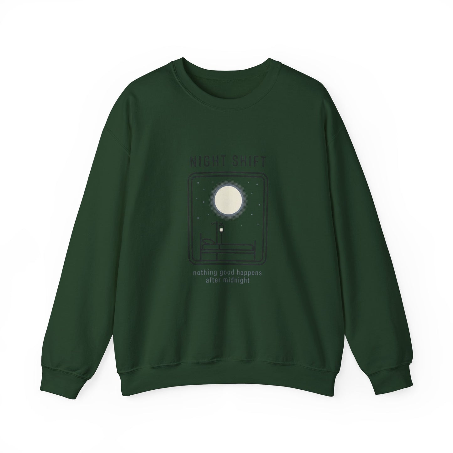 Night Shift Crewneck Sweatshirt – Minimal Moonlit 'Nothing Good Happens After Midnight' Design