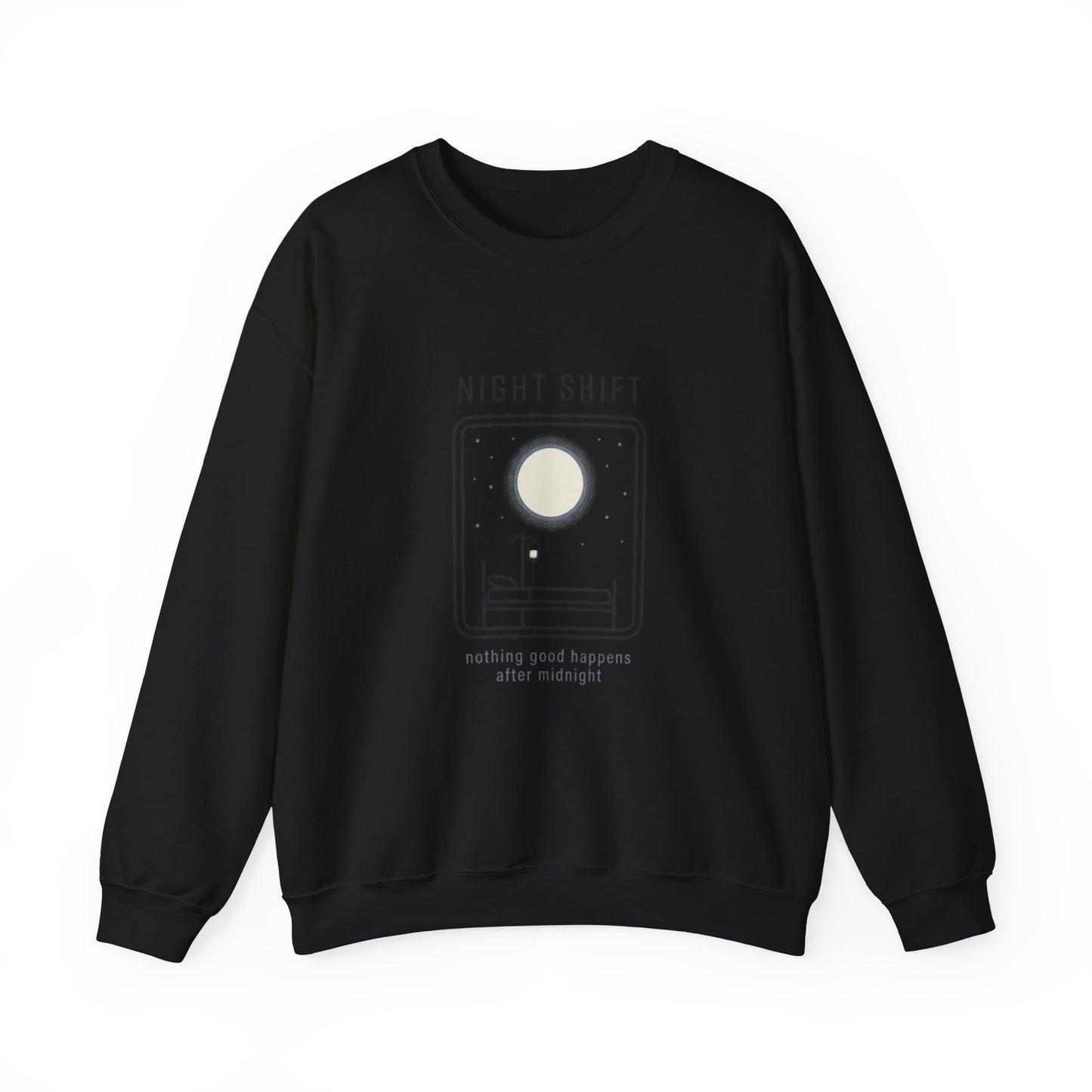 Night Shift Crewneck Sweatshirt – Minimal Moonlit 'Nothing Good Happens After Midnight' Design