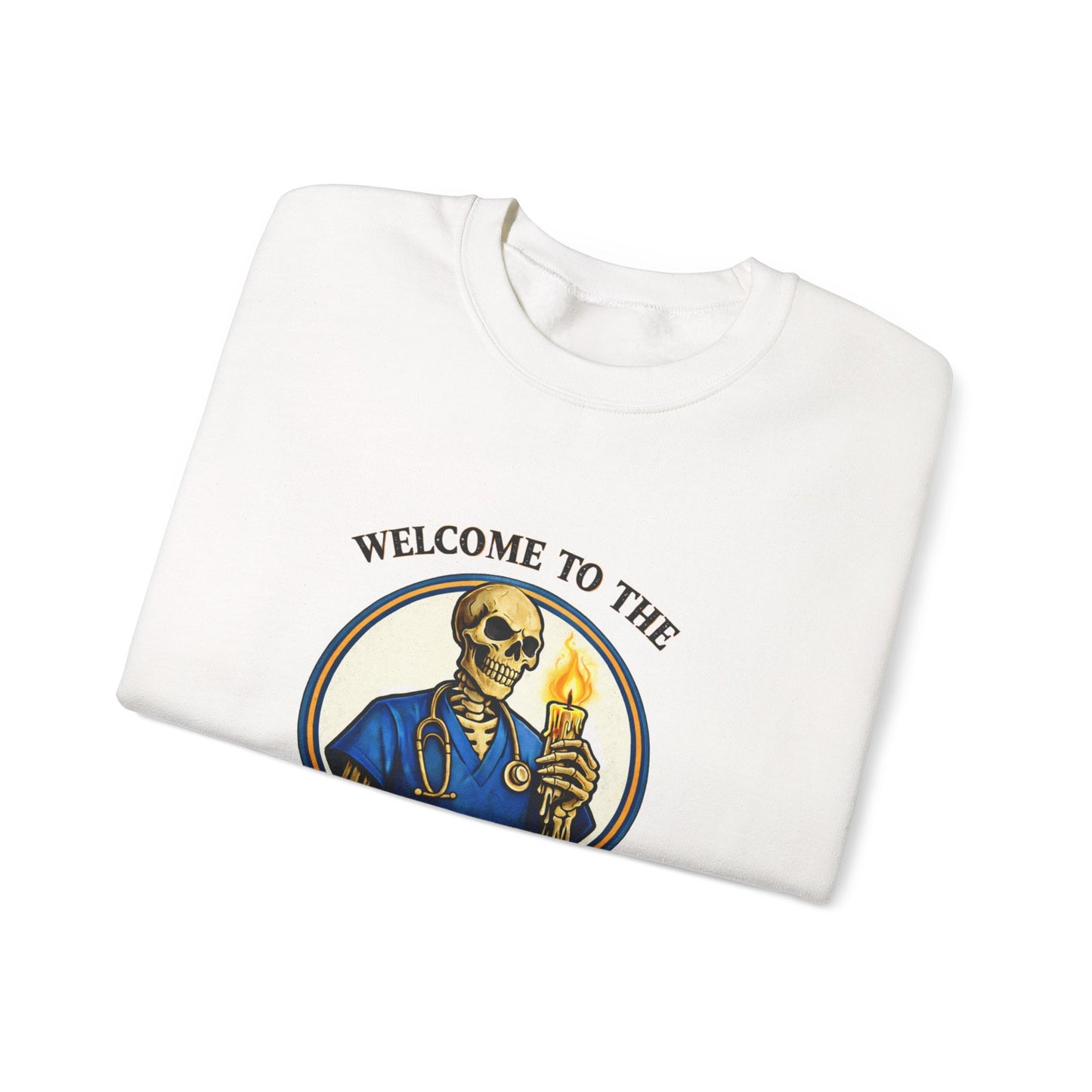 Health Hole Crewneck Sweatshirt — 'Welcome to the Health Hole' Skeleton Doctor Graphic