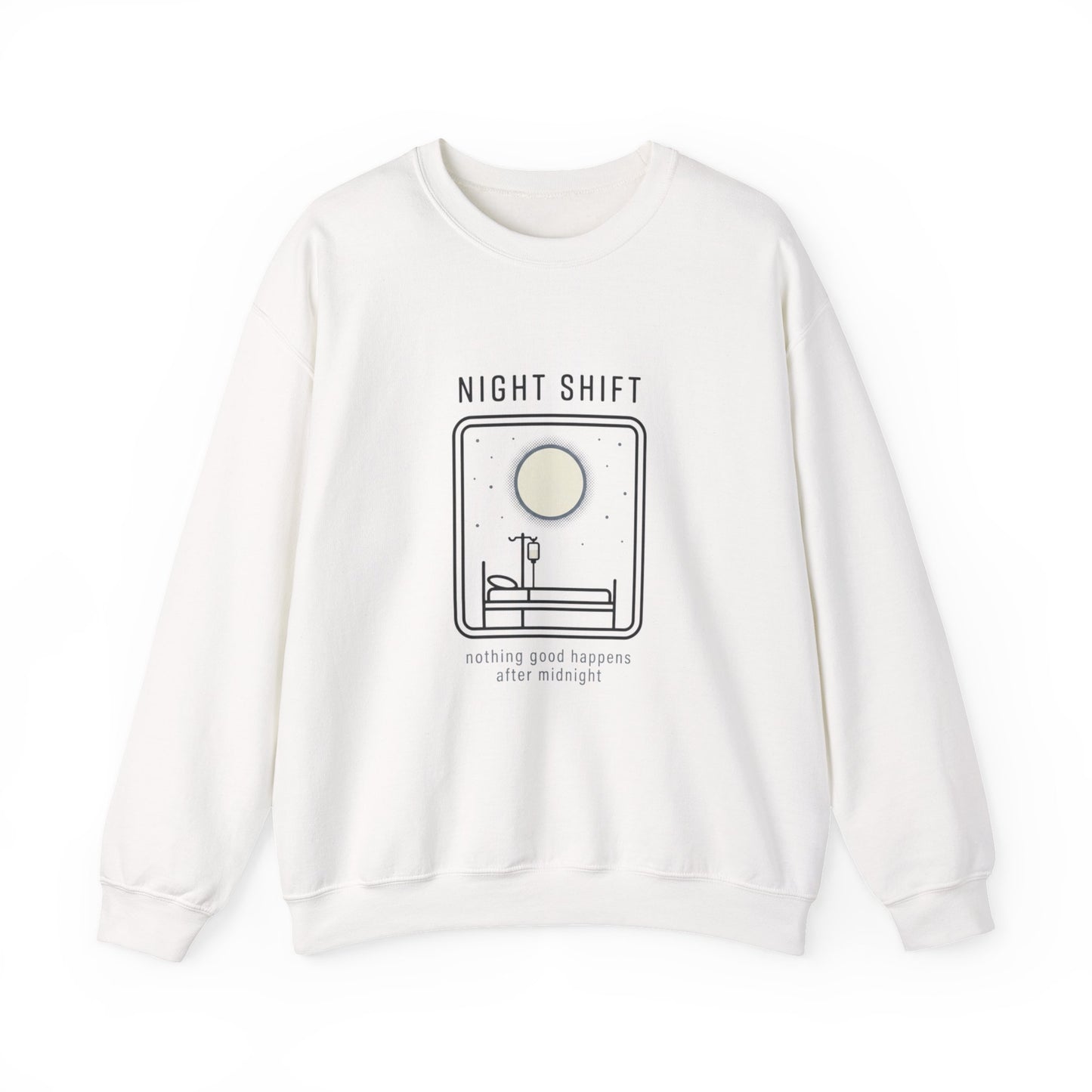 Night Shift Crewneck Sweatshirt – Minimal Moonlit 'Nothing Good Happens After Midnight' Design