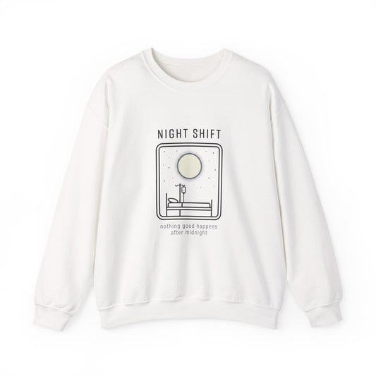Night Shift Crewneck Sweatshirt – Minimal Moonlit 'Nothing Good Happens After Midnight' Design