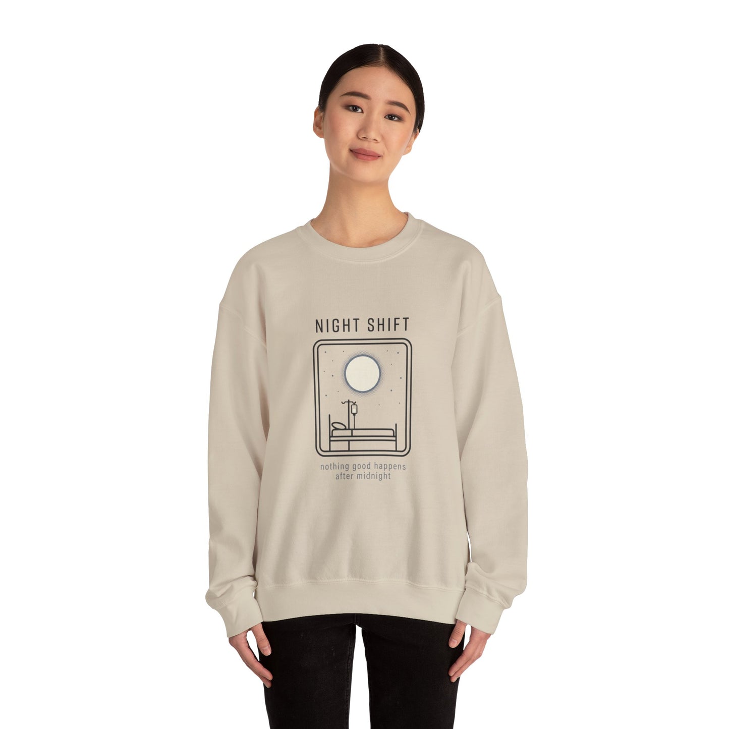 Night Shift Crewneck Sweatshirt – Minimal Moonlit 'Nothing Good Happens After Midnight' Design