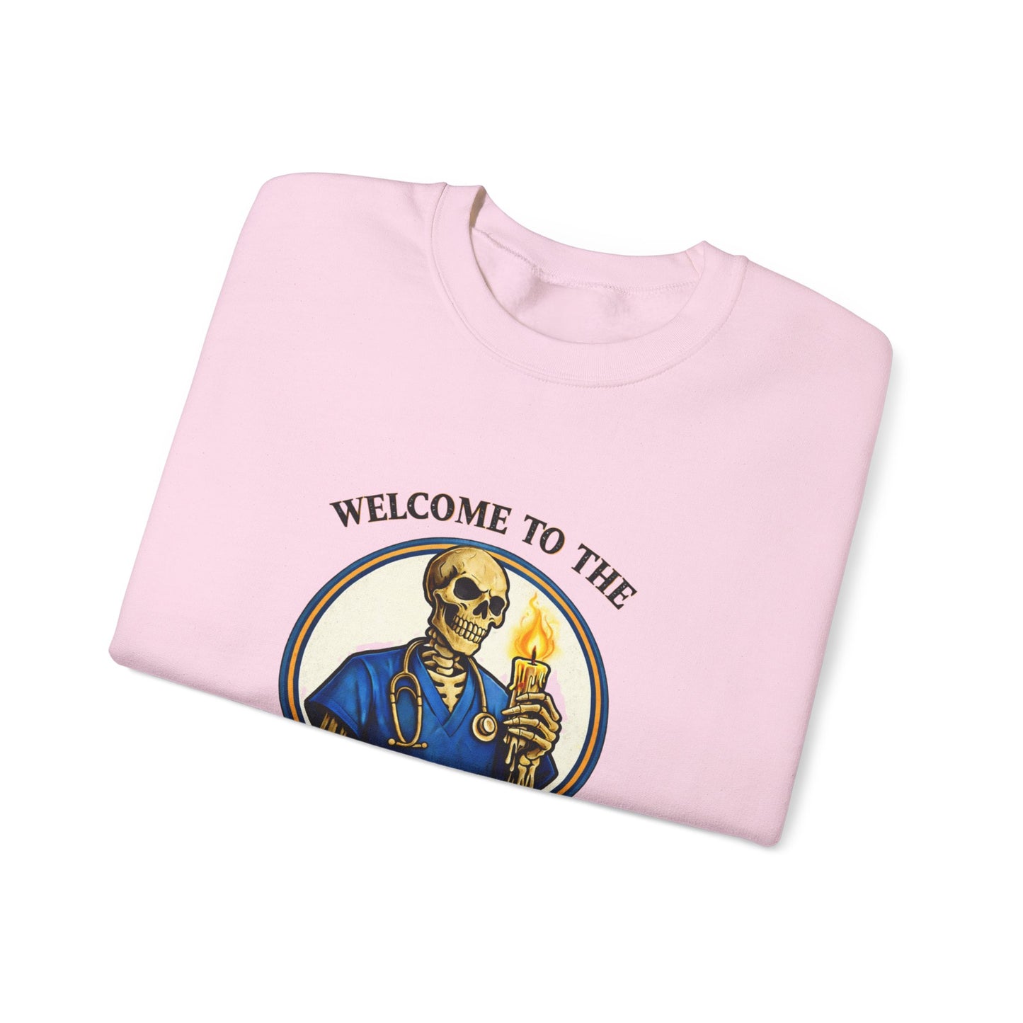 Health Hole Crewneck Sweatshirt — 'Welcome to the Health Hole' Skeleton Doctor Graphic