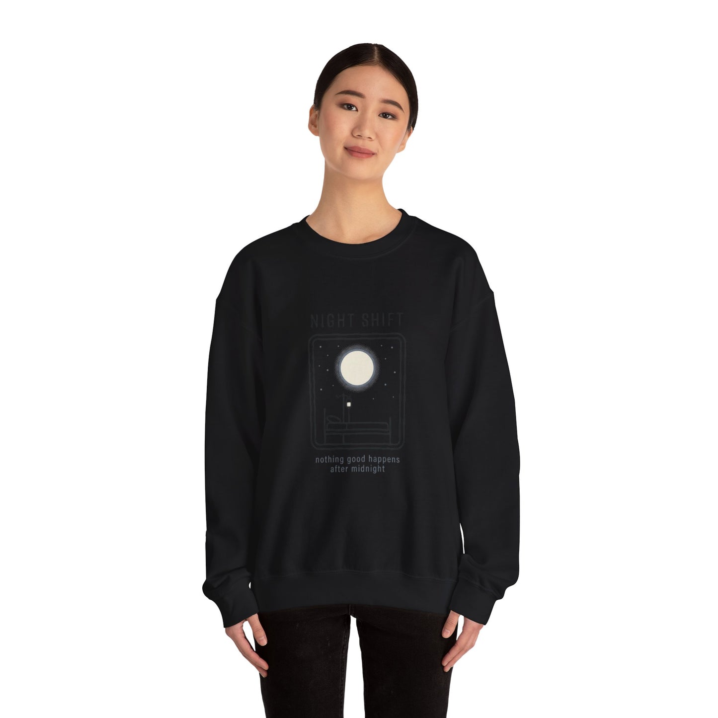 Night Shift Crewneck Sweatshirt – Minimal Moonlit 'Nothing Good Happens After Midnight' Design